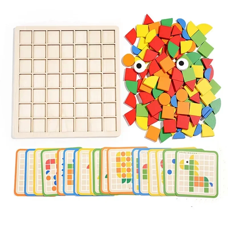 Blocos De Madeira Geométricos Para Quebra-cabeça, Padrão De Mosaico Com Cartões Para Fins Educativos.