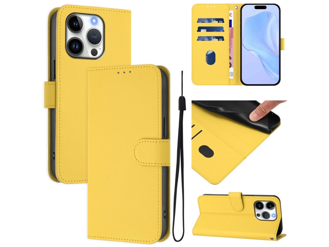 Capa De Couro Sintético Para Iphone 16 Pro - Toque Suave - Cor Sólida - Com Cordão