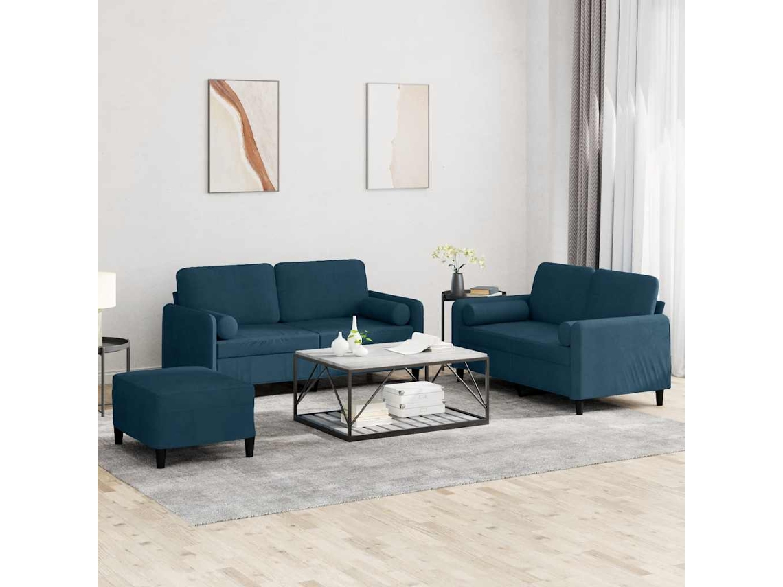 Vidaxl 3 Pcs Conjunto De Sofás Com Almofadas Veludo Azul