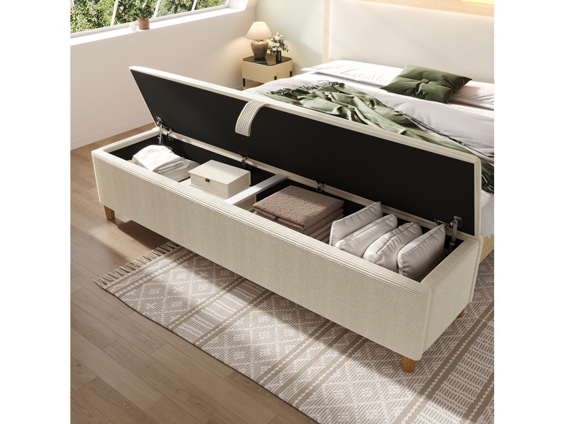 Banco Cama Armazenamento Hidráulico Veludo Bege 145x38cm VELTRIX