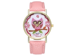 Relógio de pulso de quartzo com pulseira de PU e mostrador redondo com estampa de desenho animado (rosa)