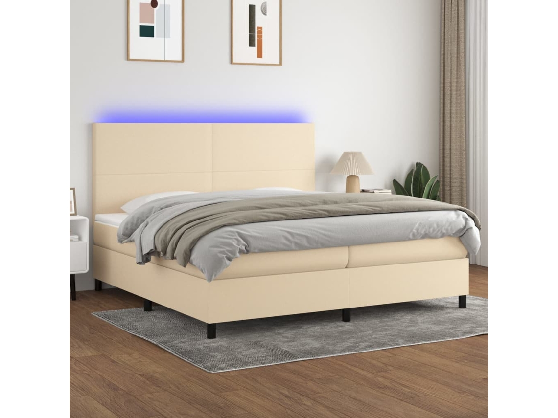 Vidaxl Cama Box Spring C/ Colchão E Led 200x200 Cm Tecido Cor Creme