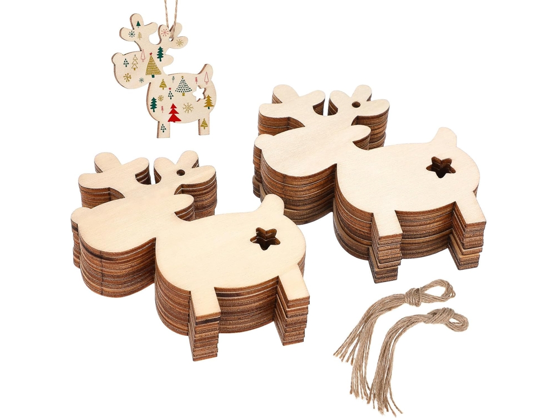 Conjunto 20 Enfeites Natal Madeira Pendurar Decorações Artesanais Forma Veado Esculpido Reutilizáveis GOKOCO