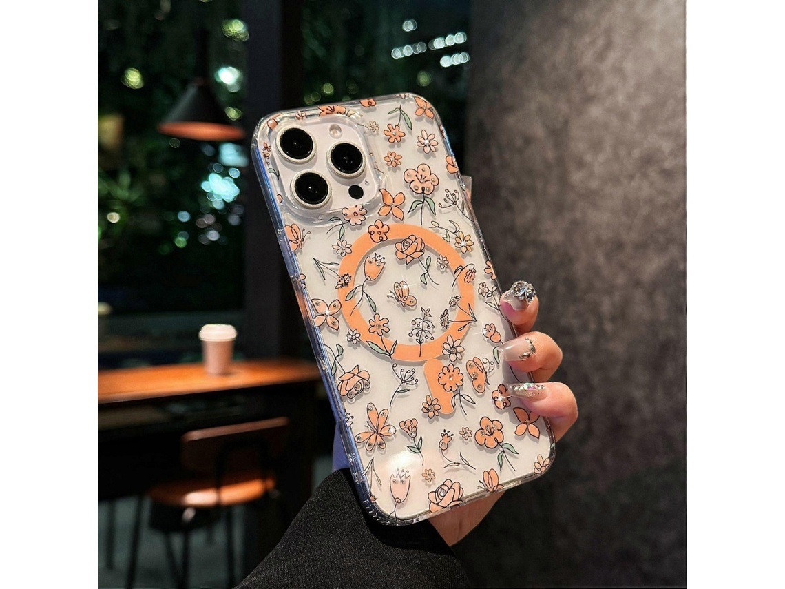 Capa Para Iphone 15 Pro Max Compatível Com Magsafe Laser Flower Pctpu Transparente