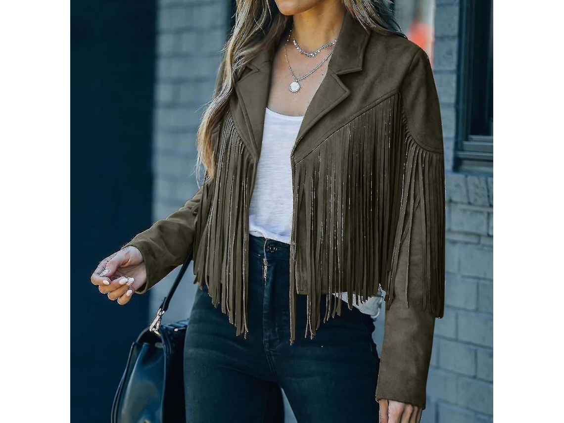 Jaqueta De Franja Feminina Em Courro Falso Camurça Estilo Cowboy Com Mangas Longas E Cardigã Verde Militar