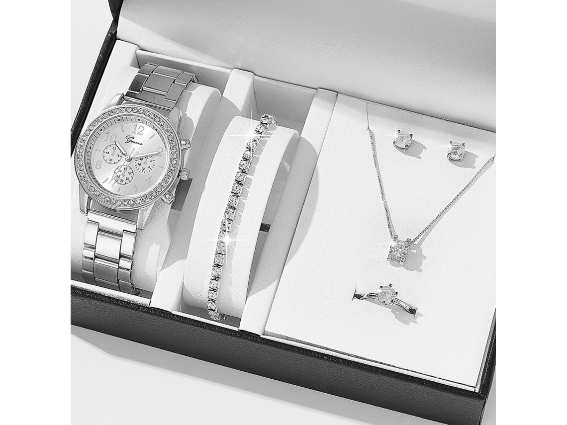 Conjunto de Presente, 5 piece Presente Feminino, Relógio com Pulseira de Aço, Colar, Pulseira, Anel, Brincos e Caixa de Presente Laranja SPQMENT