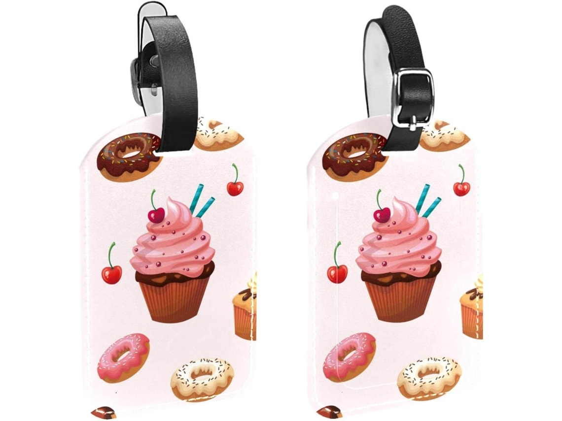 Conjunto De 2 Etiquetas Bagagem Em Imitação Couro Proteção Privacidade Deliciosas Sobremesas, Donuts, Bolo