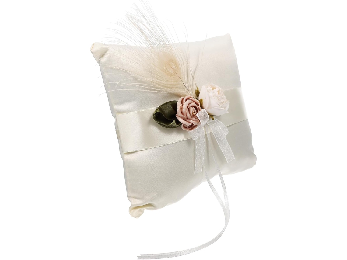 Almofada Porta Alianças de Cetim com Estampa Floral Penas, Branca, para Anéis e Joias. Decorativa, CHABERLU