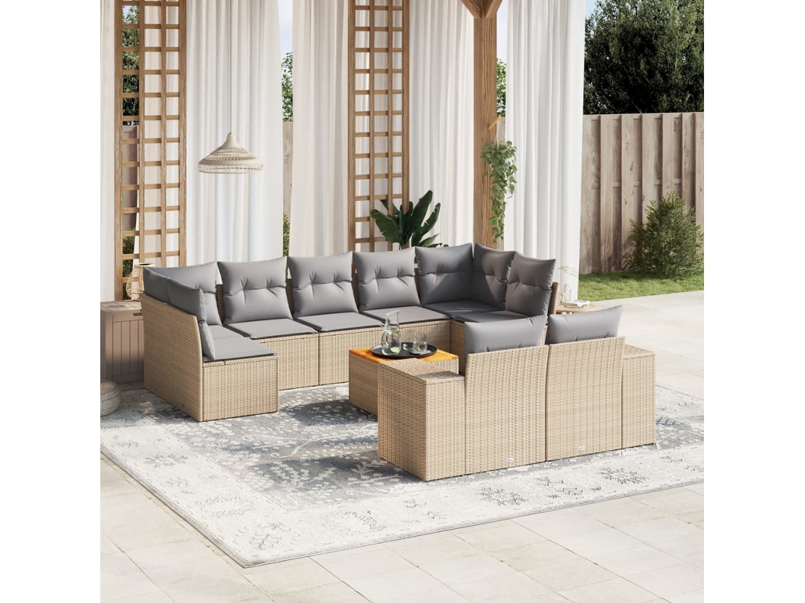 Vidaxl 10 Pcs Conjunto De Sofás P/ Jardim Com Almofadões Vime Pe Bege