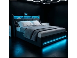 Cama 140x190 cm com ripas, luz LED, 4 gavetas, 2 USB, 1 Type C, linho respirável cinza | ROSAHQNDA
