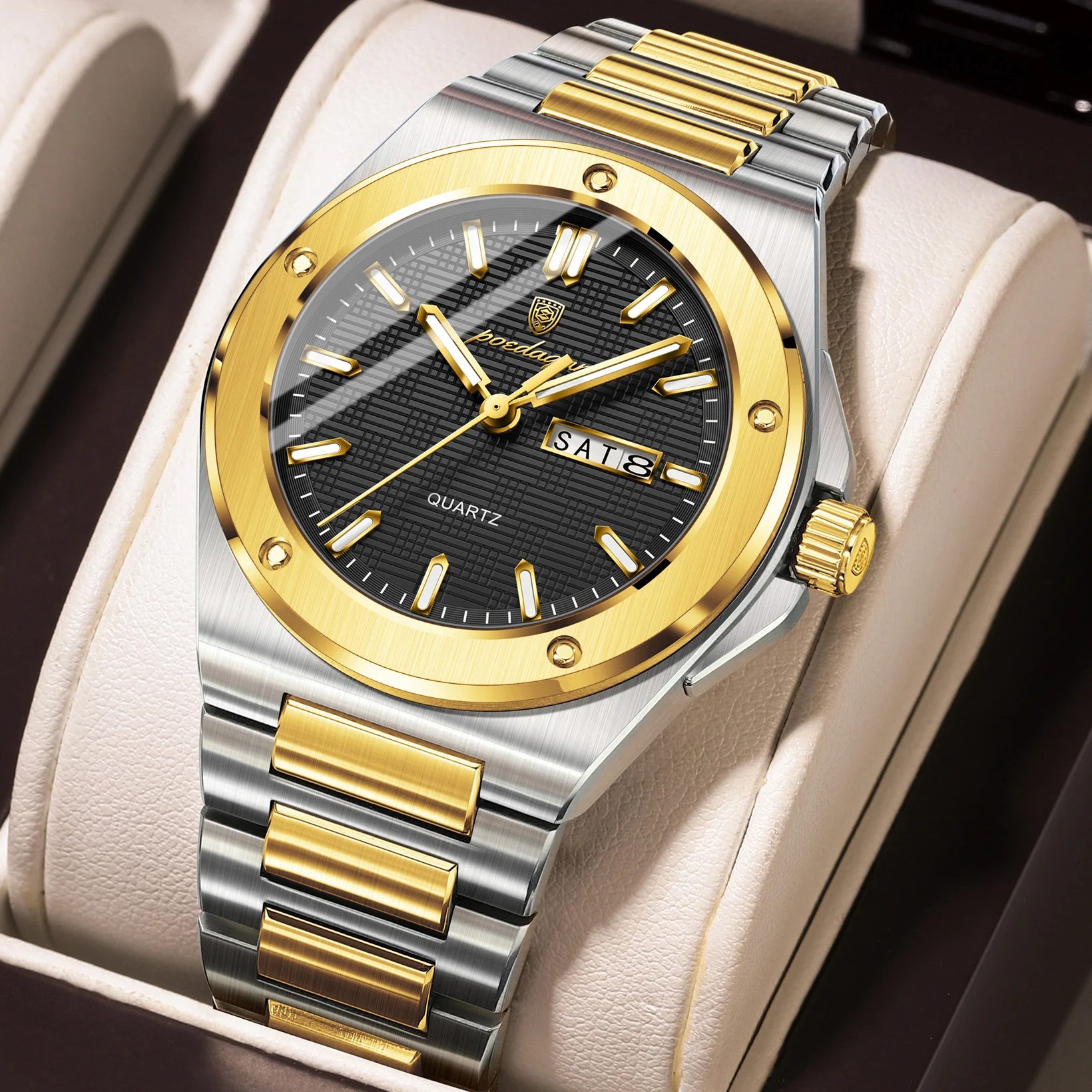 Relógio de quartzo masculino casual (dourado), com visor de dados e dia da semana, resistente à água e luminoso, elegante.