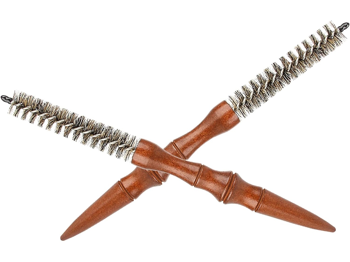 Conjunto De 2 Mini Escovas Espirais Redondas Para Cabelo E Bigode, Cabo De Madeira, Cerdas De Javali, Antiestáticas E