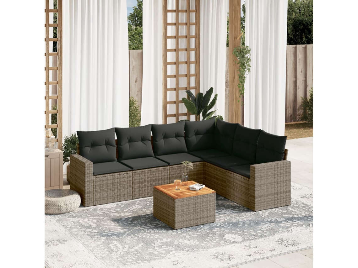 Vidaxl 7 Pcs Conjunto Sofás P/ Jardim C/ Almofadões Vime Pe Cinzento