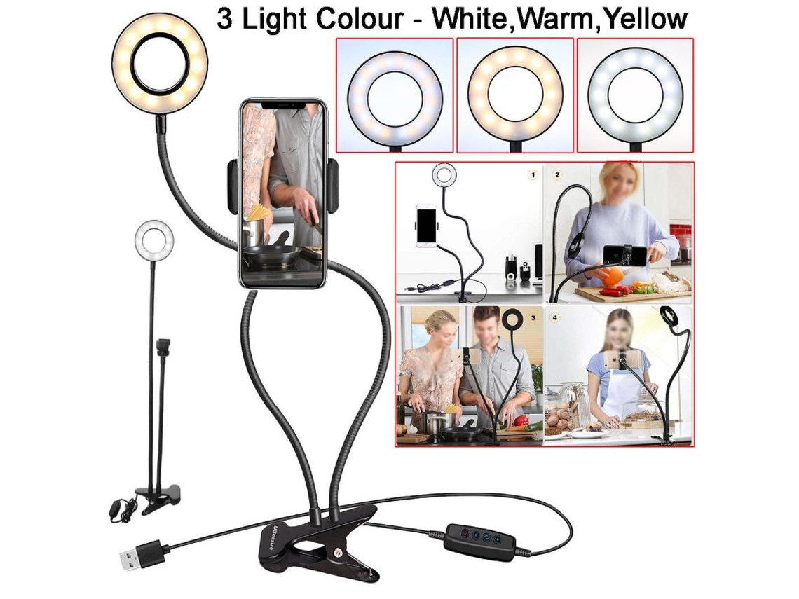 Suporte Selfie Flash Ring Led Câmera Braço Longo Preto