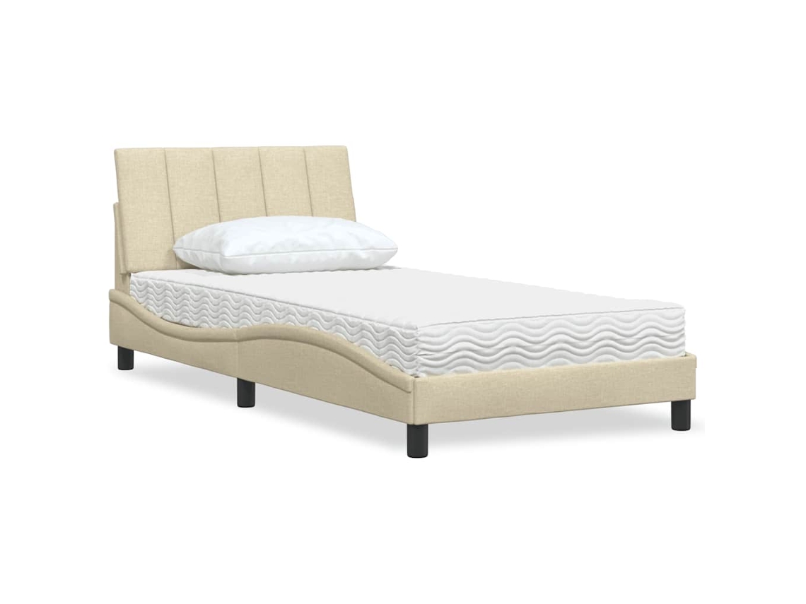Cama De Solteiro | Camas Para Quarto | Cama Com Colchão Hanko 100x200 Cm Tecido Cor Creme