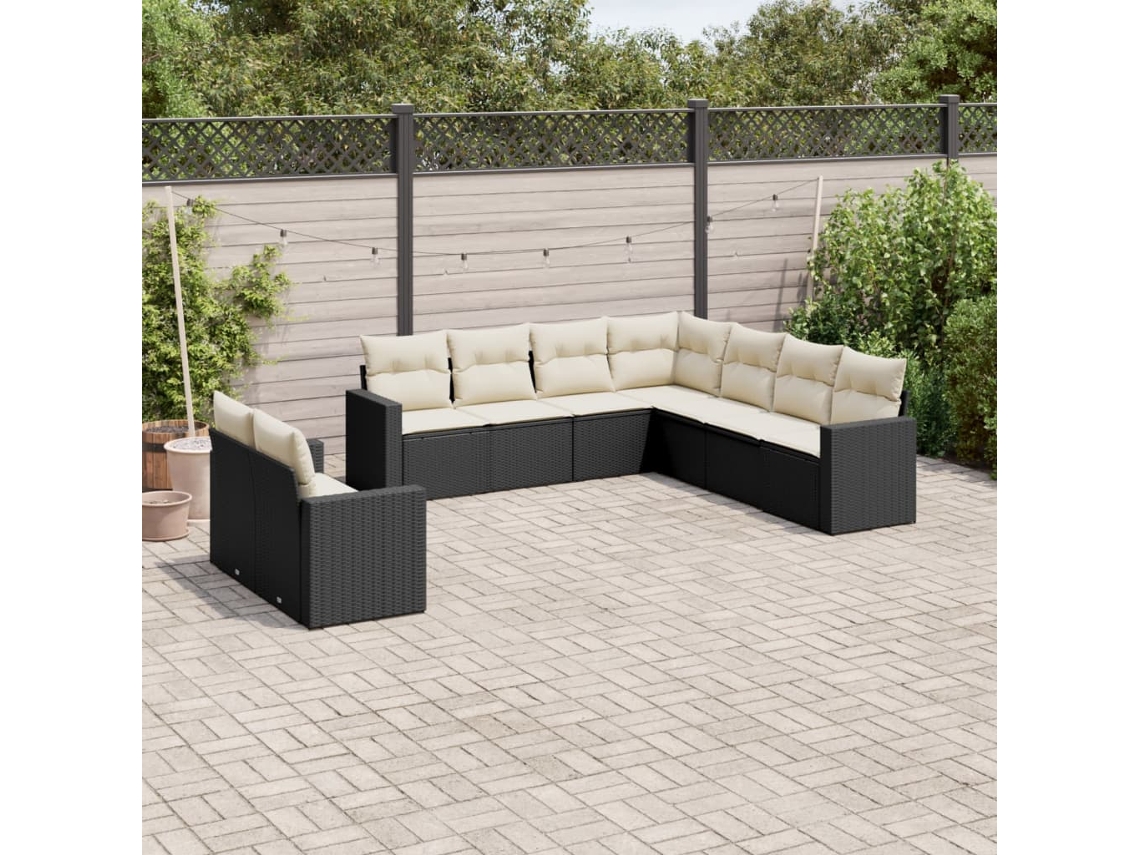 Jogo de Sofá 9 Peças P/ Jardim C/ Almofadões Vime Pe Preto Dkd Home Decor