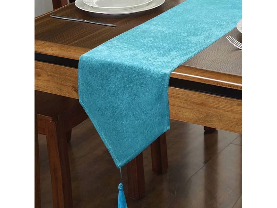 2026 mantel de Mesa de Lino Falso Brillante Lavable com Borlas 35x305 Cm Cor Lago Azul Flash