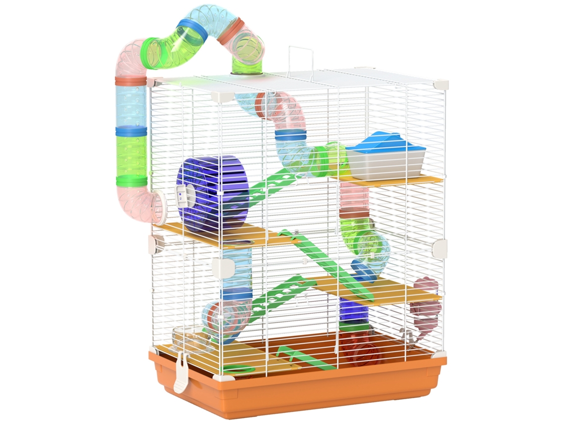 Gaiola para Hamsters com Plataformas de Túnel, Rampas para a Casa de Beber e Roda de Exercícios 46x30x58 Cm Laranja Ge