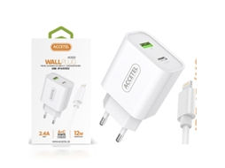 Kit Carregador Dupla Entrada USB + Type-C com Cabo Lightning AC523 para Apple iPhone 14 Plus Rápido Carregamento 2.4A 12W Branco