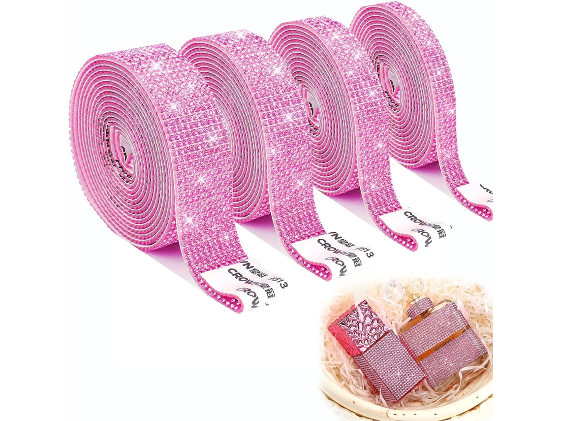 Fita Adesiva De Strass, 4 Adesivos De Fita Com Strass Rosa, De Cristal