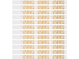 Pulseiras douradas de papel sintético, seguras e duráveis, para eventos VIP, com design elegante, ideais para eventos com até 300 convidados.