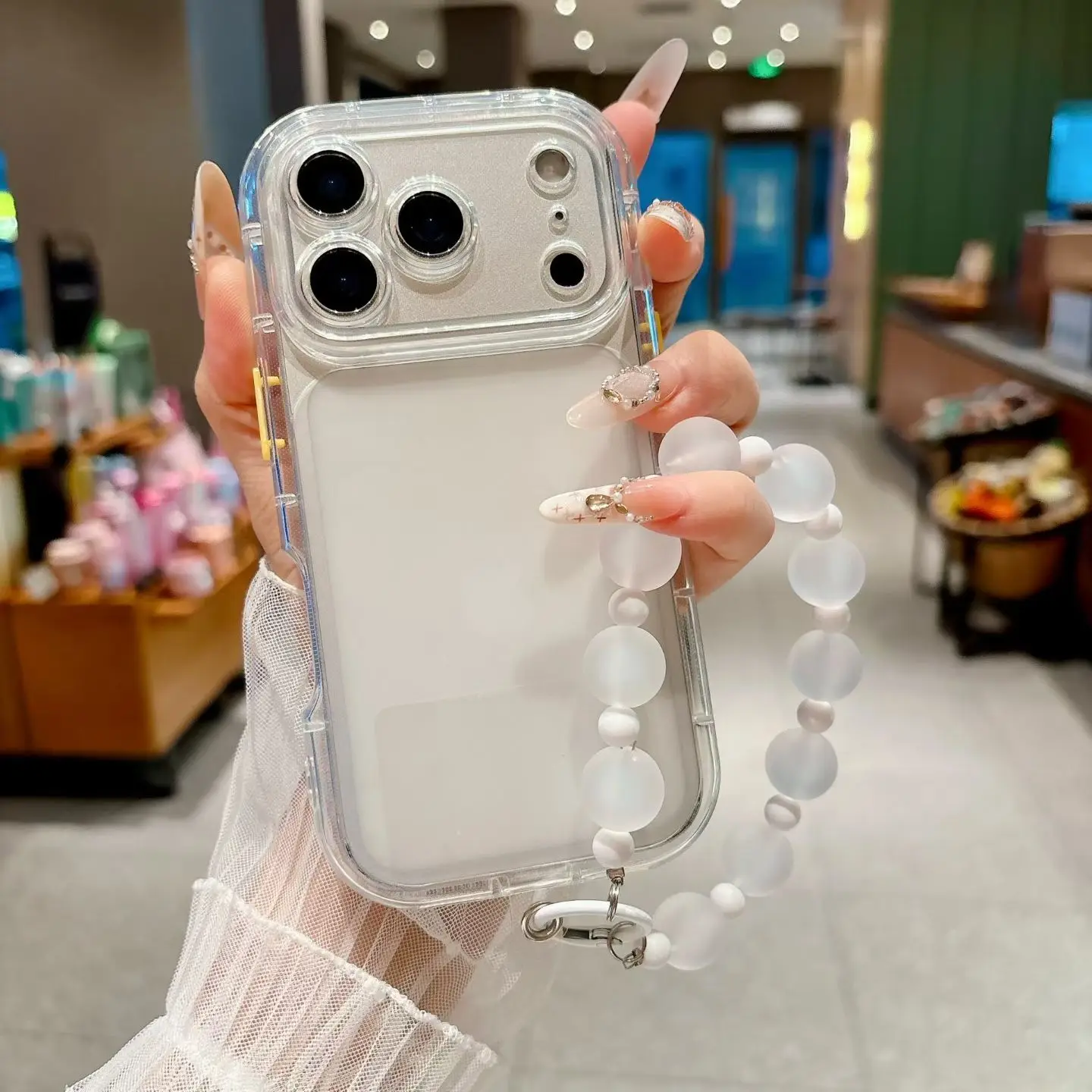 (iphone 14 Transparente) Capa De Celular Elegante Com Contas Na Cor Dopamina, Capa Traseira Macia