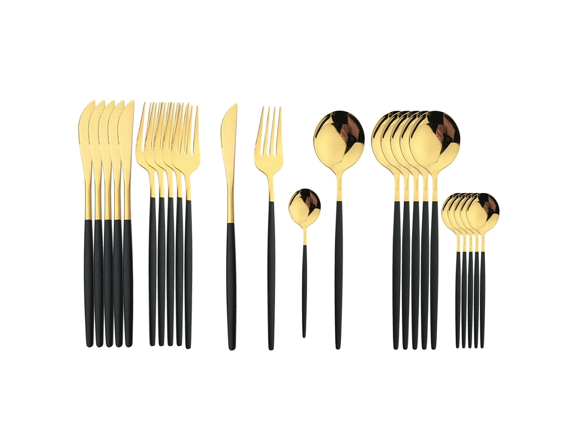 Conjunto de Talheres de Aço Inoxidável com 24 Peças, Incluindo Faca, Colher e Garfo. MDUG (ouro Negro)