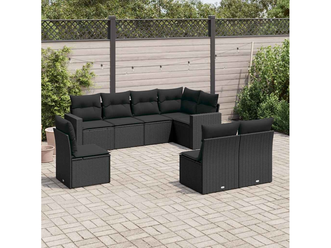 Vidaxl 8 Pcs Conjunto Sofás De Jardim Com Almofadões Vime Pe Preto