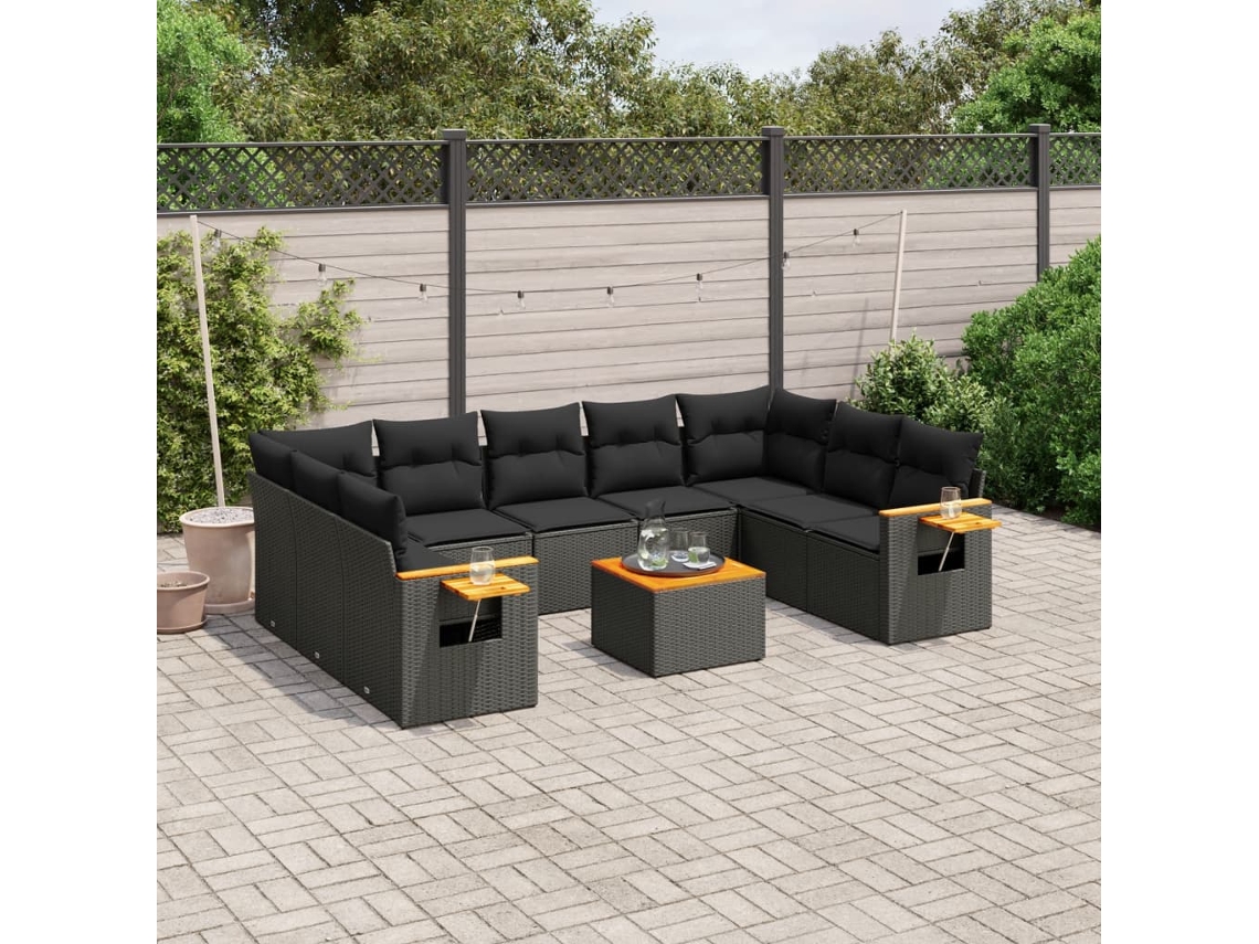 Jogo de Sofá Jardim 10 Peças C/ Almofadões Vime Pe Preto Dkd Home Decor