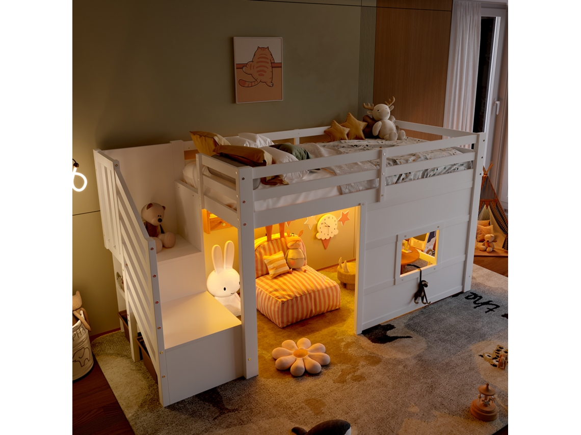 Cama Mezanino 90x200 Cm, Escada, Janelas, Madeira, Branca VSOGA