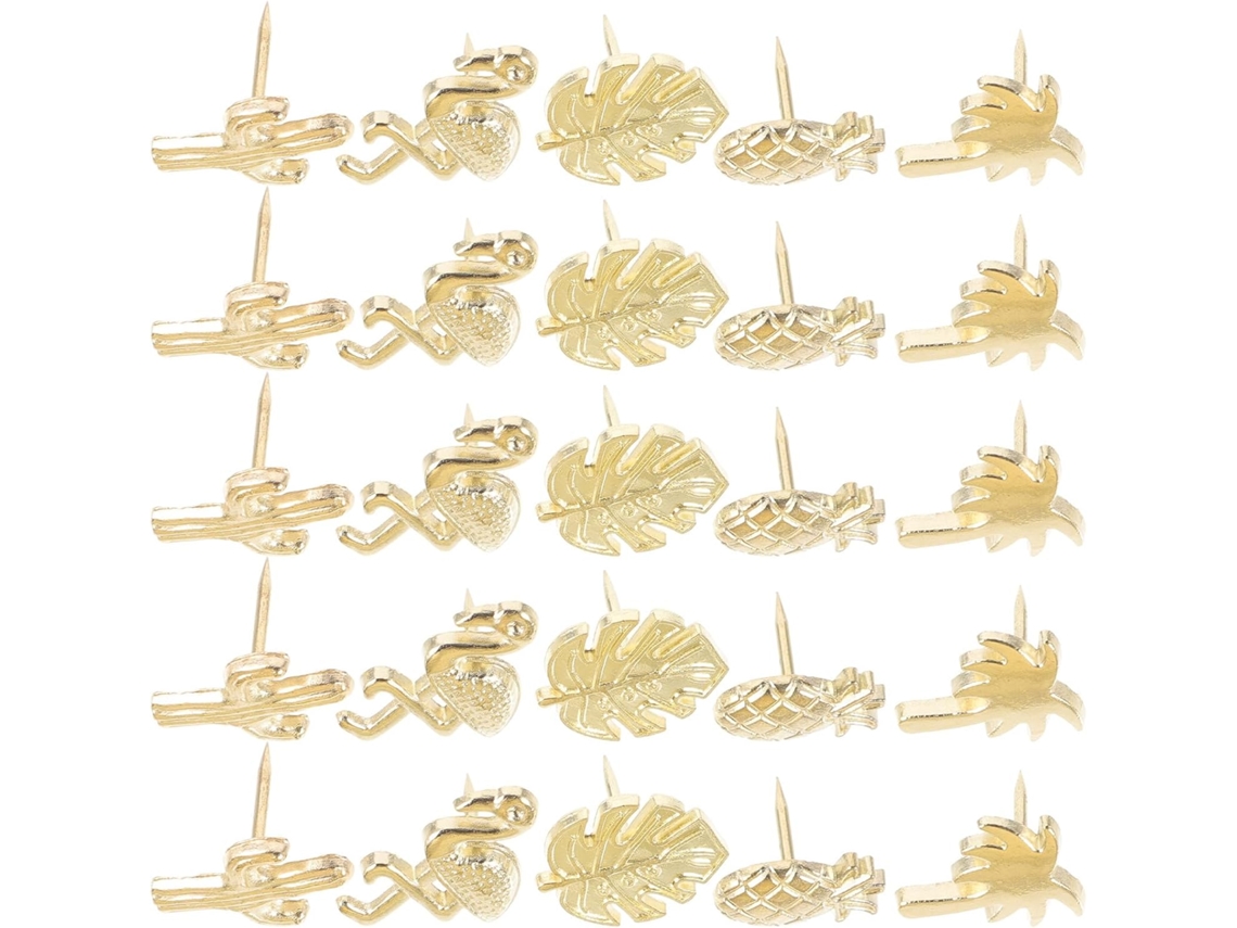 Tachinas compactas em metal dourado, design criativo e multifuncional, pacote com 30 unidades, ideais para mesa e escritório.
