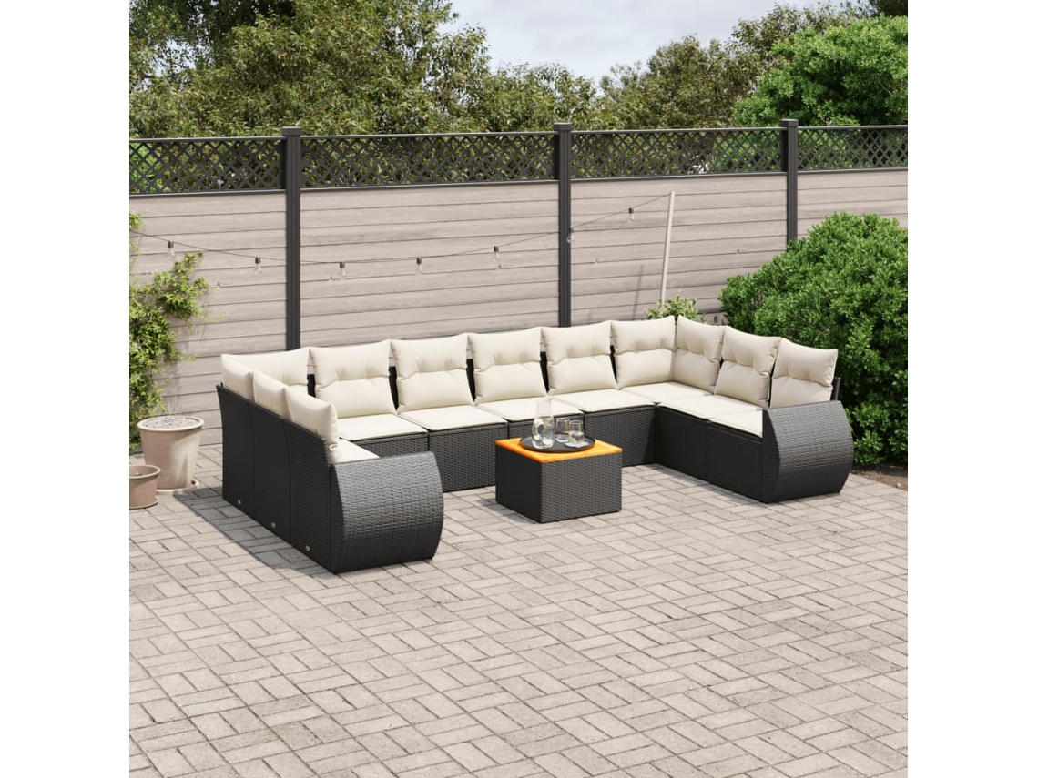 Vidaxl 11 Pcs Conjunto Sofás De Jardim C/ Almofadões Vime Pe Preto