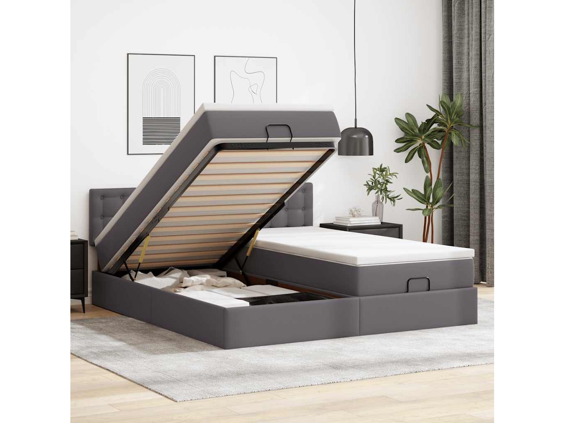 Vidaxl Estrutura De Cama Otomana Com Colchão Cinza Couro Falso