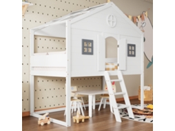 Cama infantil casinha 90x200 cm com escada, grades de segurança, janelas cinza, arrumação ajustável, branco cinza VSOGA