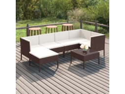Vidaxl 7 Pcs Conjunto Lounge Jardim C/ Almofadões Vime Pe Castanho