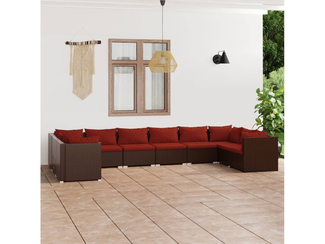 10 Pcs Conjunto Lounge Jardim C/ Almofadões Vime Pe Castanho Dkd Home Decor