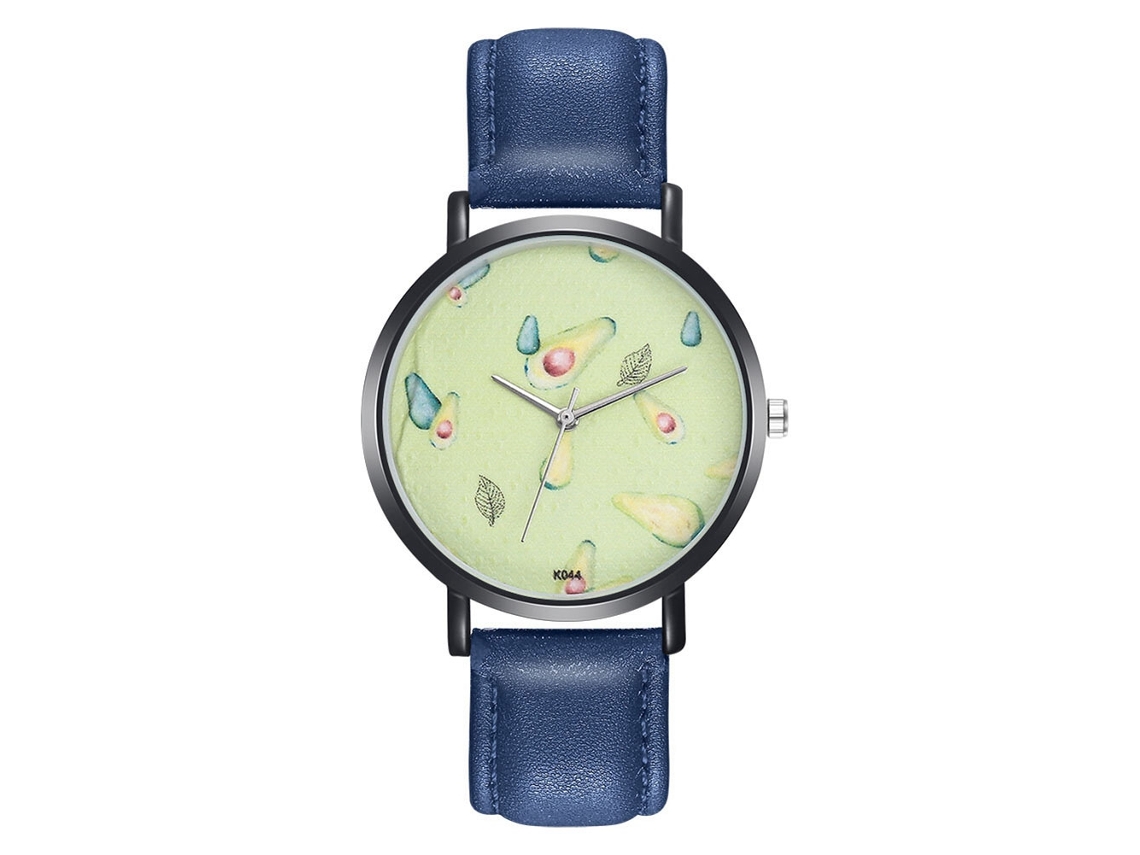 Relógio de pulso unissex Zhoulianfa com mostrador de frutas e pulseira de couro PU azul royal.