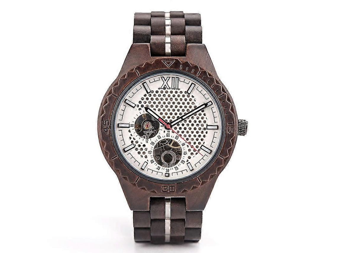 Relógio Mecânico Masculino Com Mostrador Vazado E Pulseira De Madeira