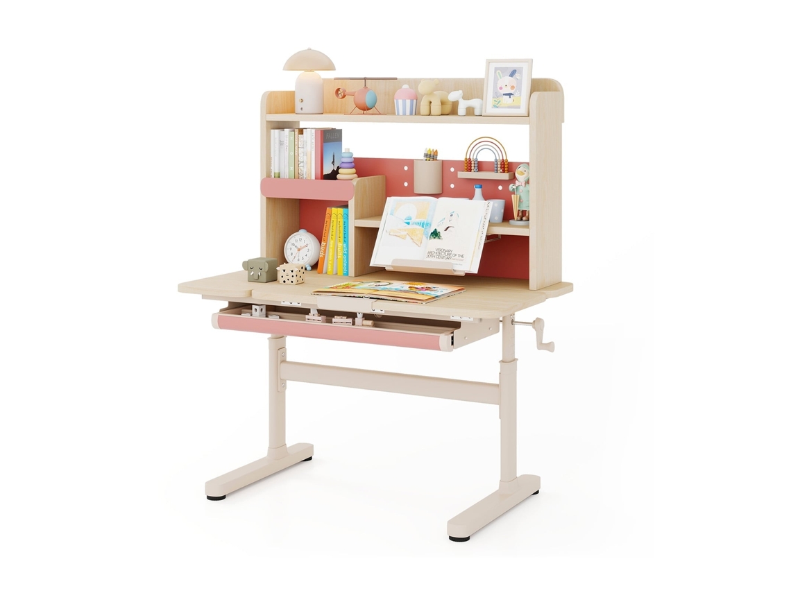 Mesa Infantil Ajustável Rosa Com Prateleira E Gaveta