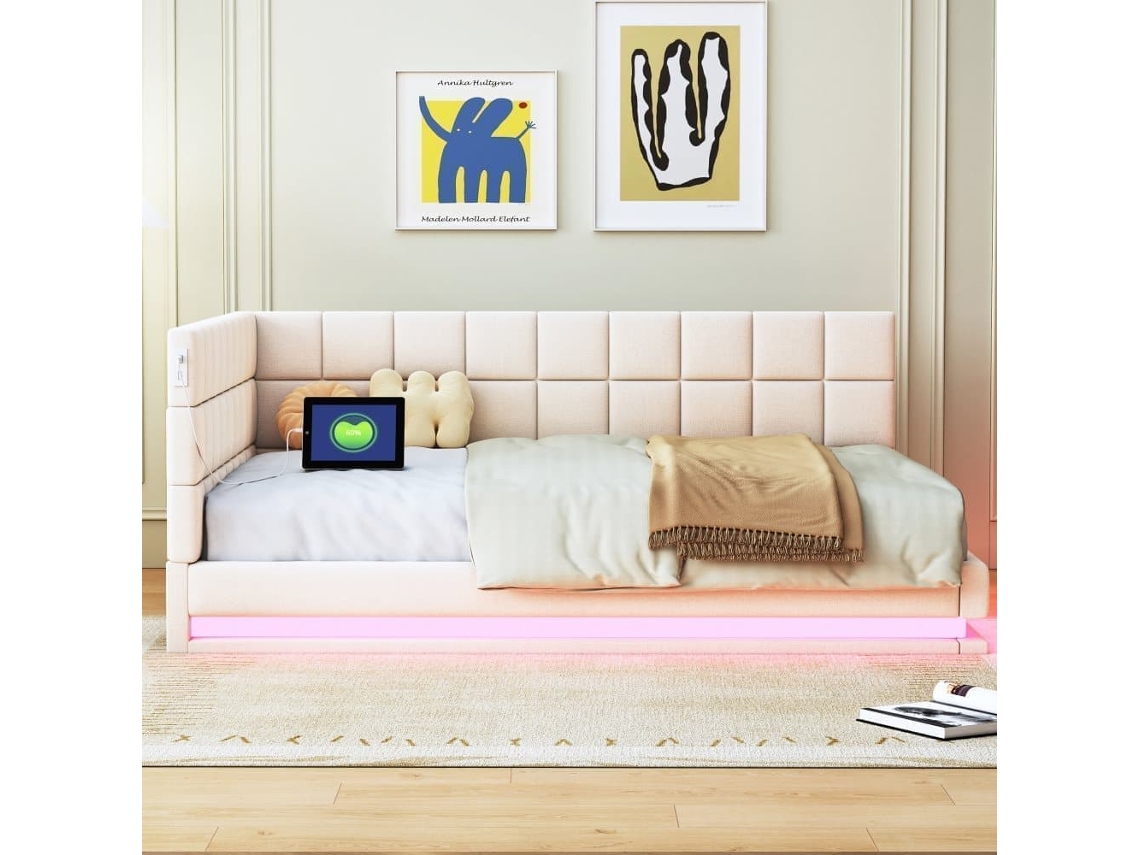 Sofá-cama Estofado Em Veludo 140x200cm - Com Led E Tomada Usb - Bege