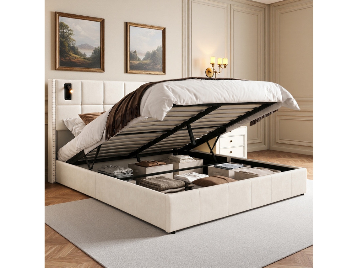 Cama De Casal 140x200 Em Veludo Bege Capitonada Com Coffre A Gás, Pregos De Latão, Luz Led Usb, Luxo Francês, Ideal Pequeno Apartamento