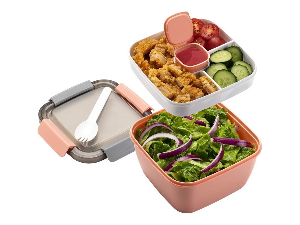 Container de salada para almoço, 3 compartimentos, tampa anti vazamento, rosa | S/MARCA