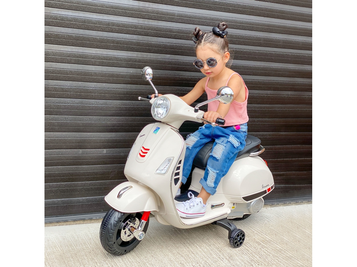 Mota Elétrica para Crianças com Licença Vespa com Música Velocidade 2 3 Km/h e Buzina 102x50,5x75,5 Cm Branco