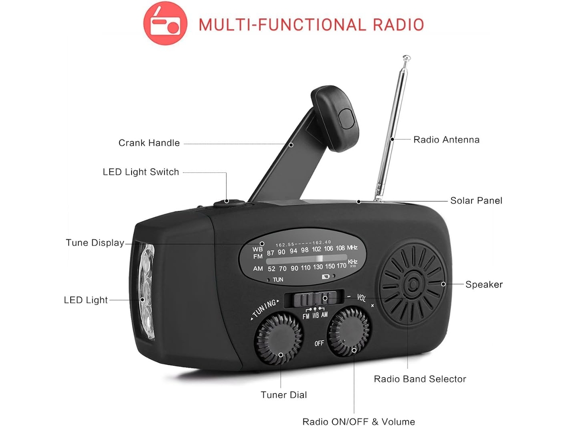 Rádio De Manivela Com Células Solares / Lanterna, Bateria Externa De 2000mah, Iluminação E Carregamento Conforme As Funções Indicadas