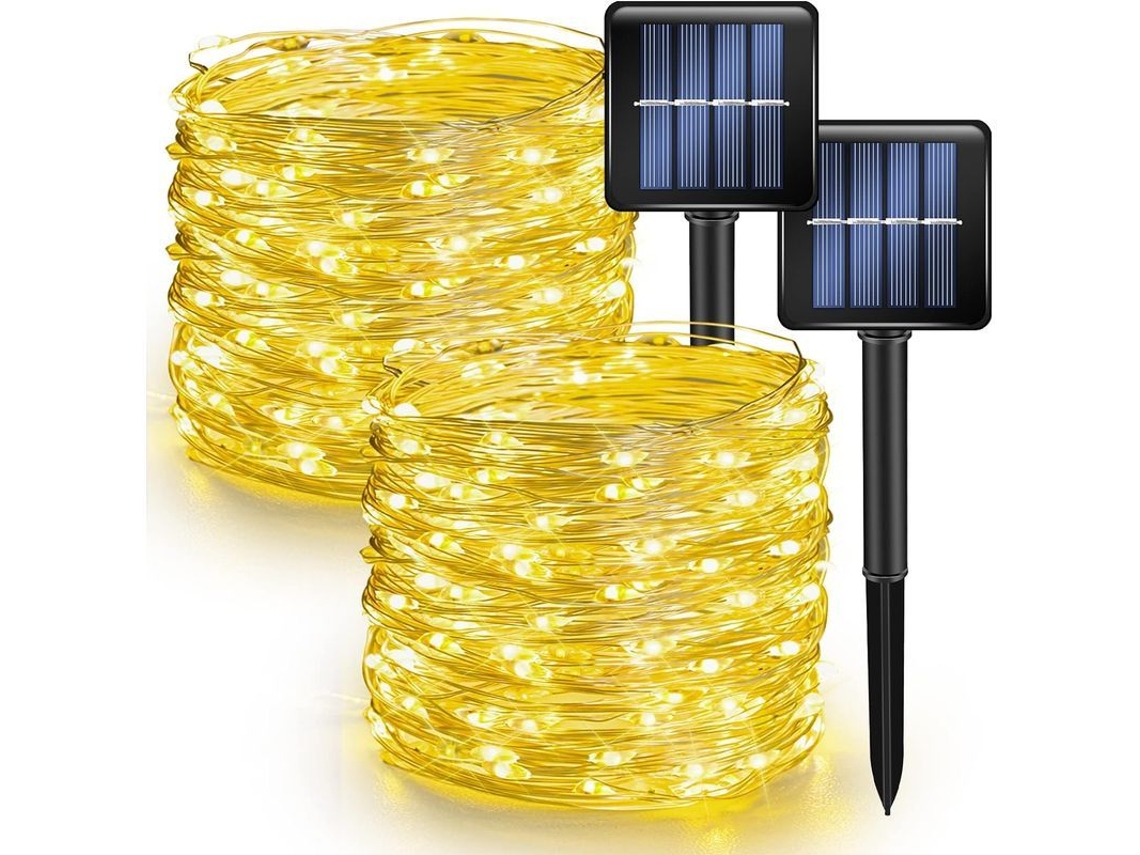 Luzes de fio solar, 200 LEDs, impermeáveis, 8 modos, fio prateado, 45.9 pés | S/MARCA