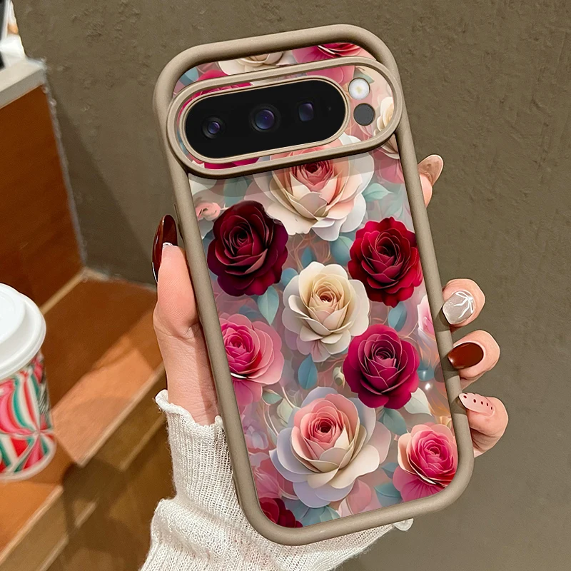 (café) Capa De Celular Google Pixel 10 Pro Xl Em Tpu Macio, Resistente A Impactos E Com Estampa Floral De Rosas Vermelhas.
