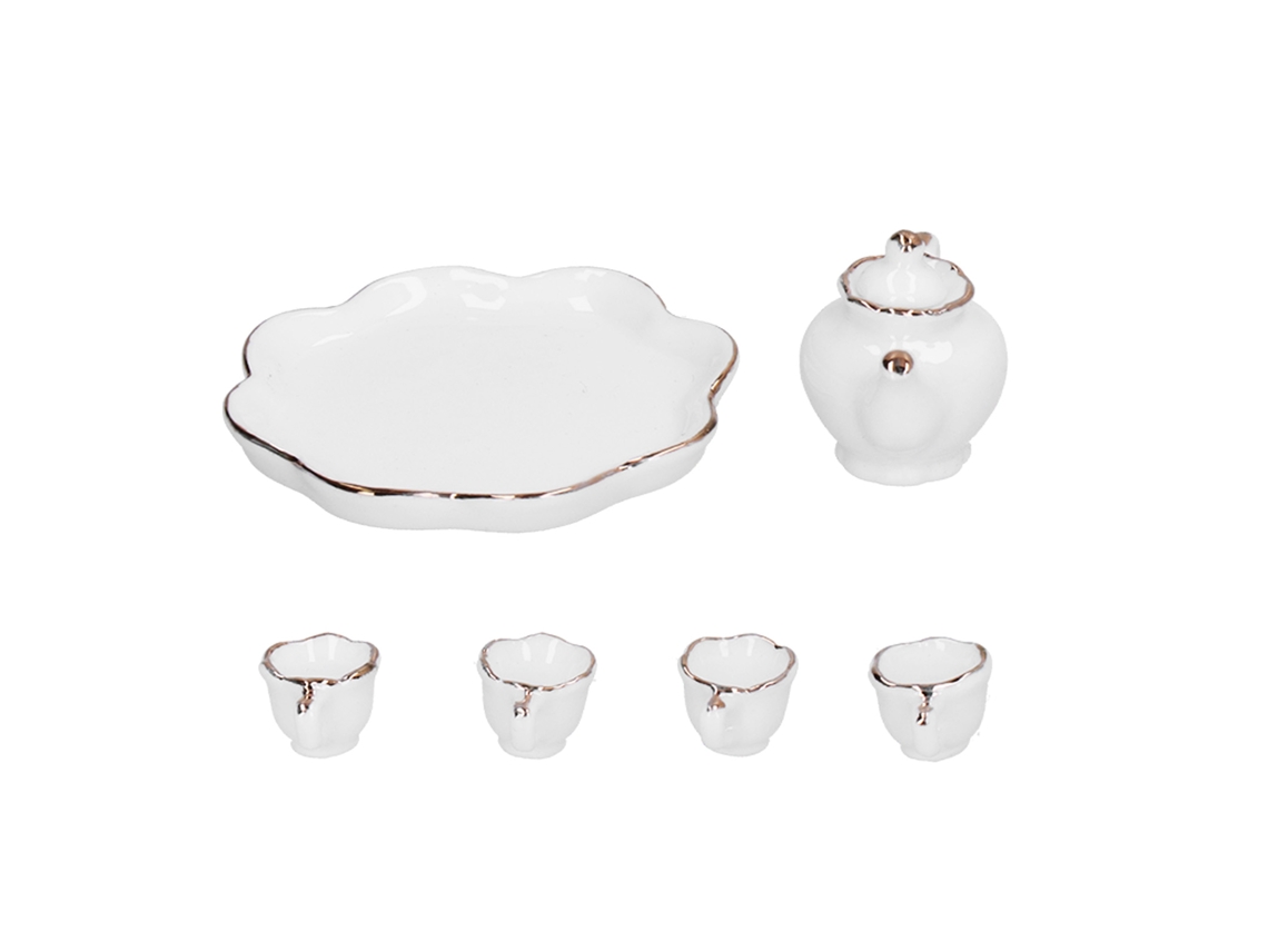 Primerox conjunto de Chá Miniatura 1:12 para Casinha de Boneca em Cerâmica com Bule Copo e Bandeja Branco