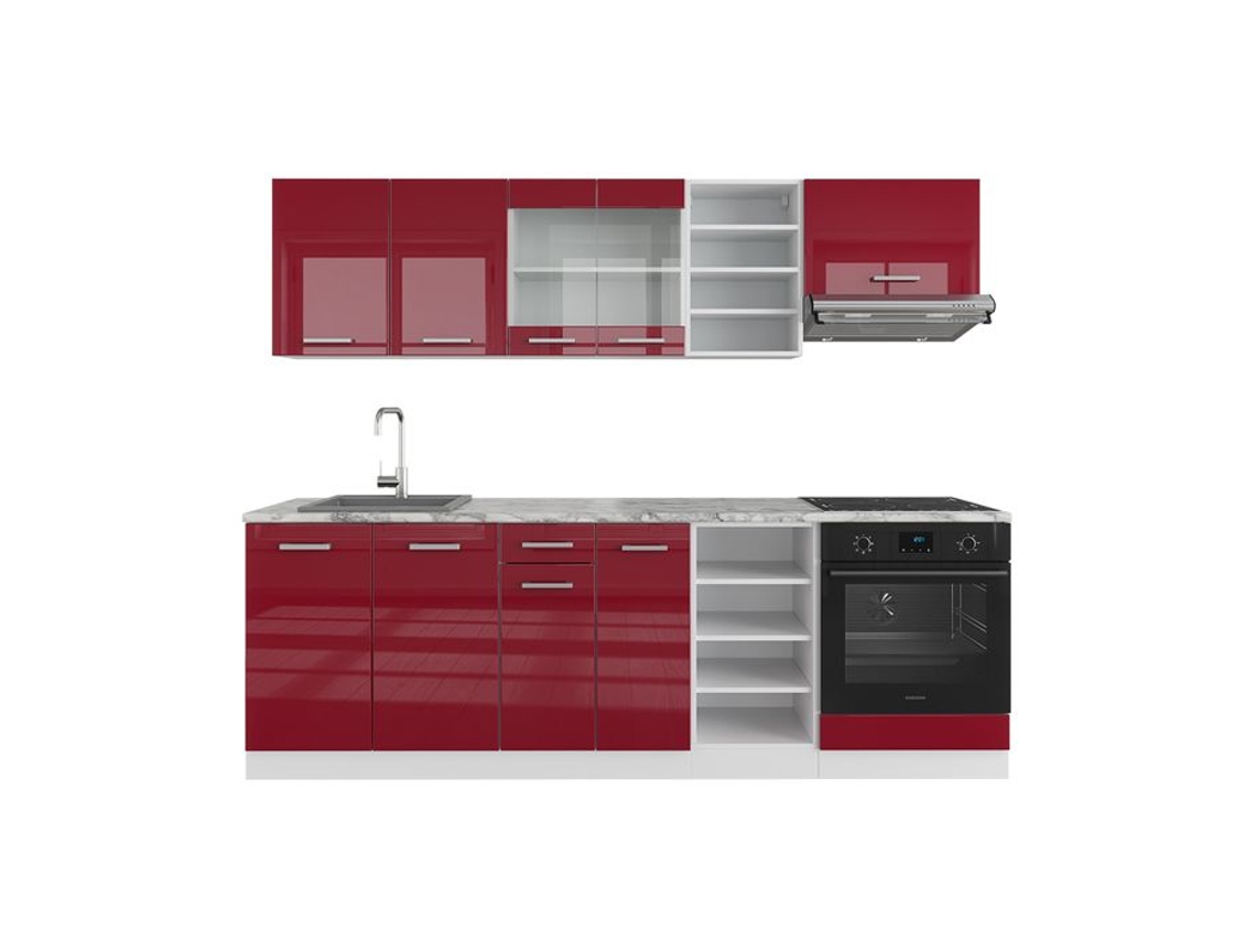 Cozinha R-Line, 240 cm, Mármore PT, Bordeaux alto brilho/branco, Vicco