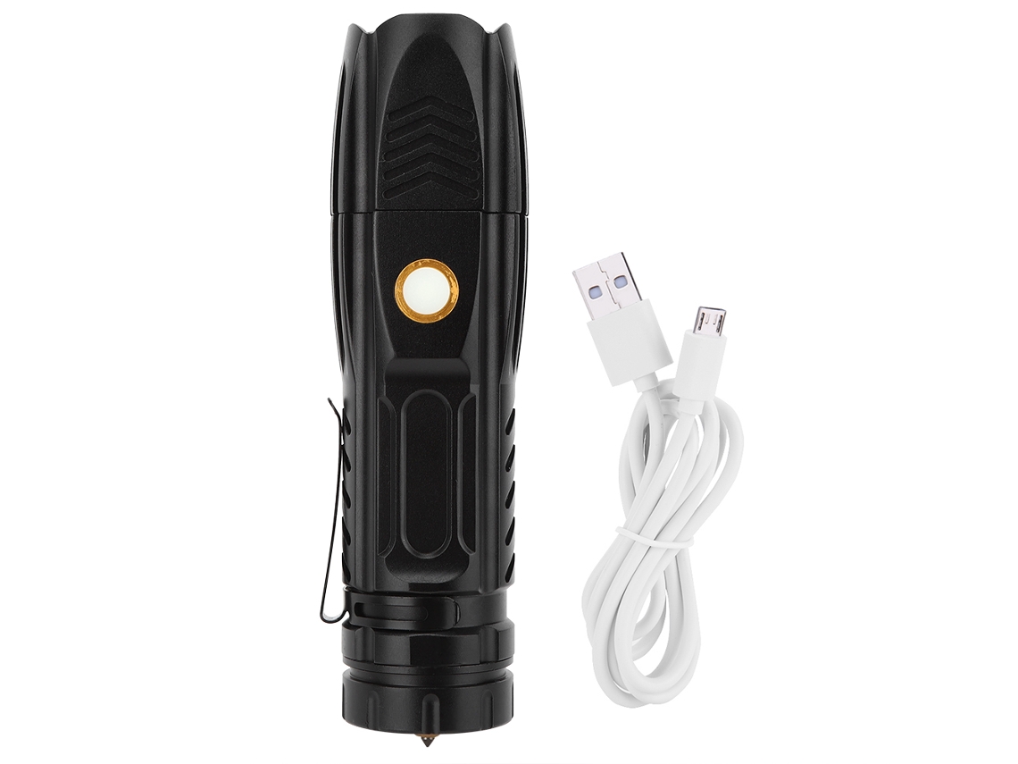 Rebe-lanterna Led P90 Impermeável Exterior Luz Forte Carregador Usb Zoom Telescópico Com Clip De Caneta Cone De Segurança Preto