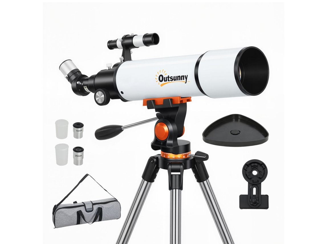 Telescópio Astronômico Abertura 80mm 500mm Refrator Portátil Adaptador Celular Bolsa Transporte Tripé Altura Ajustável 40x 16x Preto Branco
